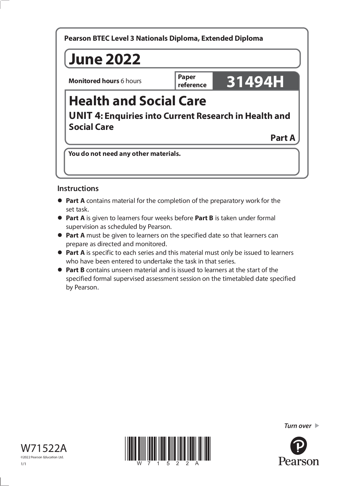 Pearson BTEC Level 3 Nationals Diploma, Extended Diploma 31494H Health and Social Care UNIT 4